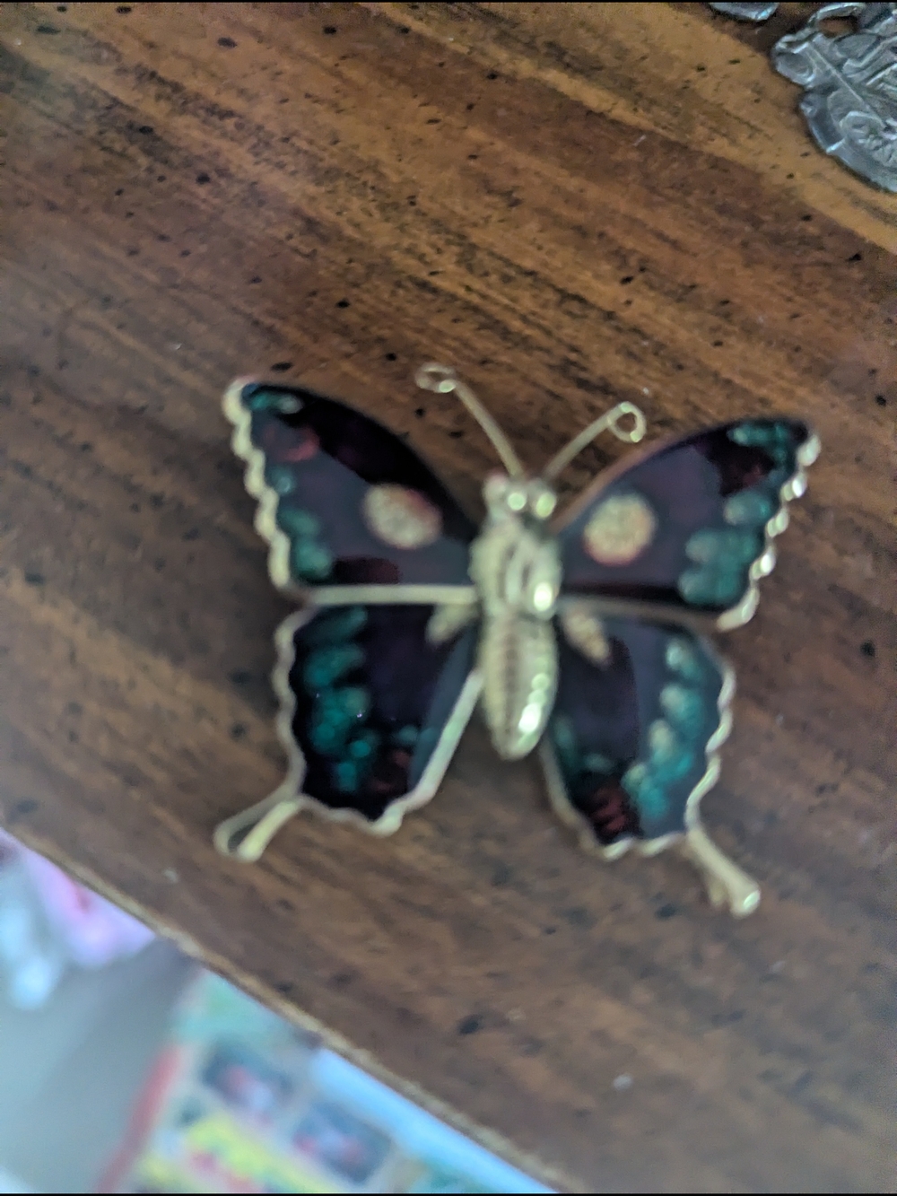 Gold-Tone Butterfly Decorative Pin in Black and Teal